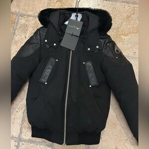 Men's Moose Knuckles Park Vista bomber jacket leather trim, and shearling small